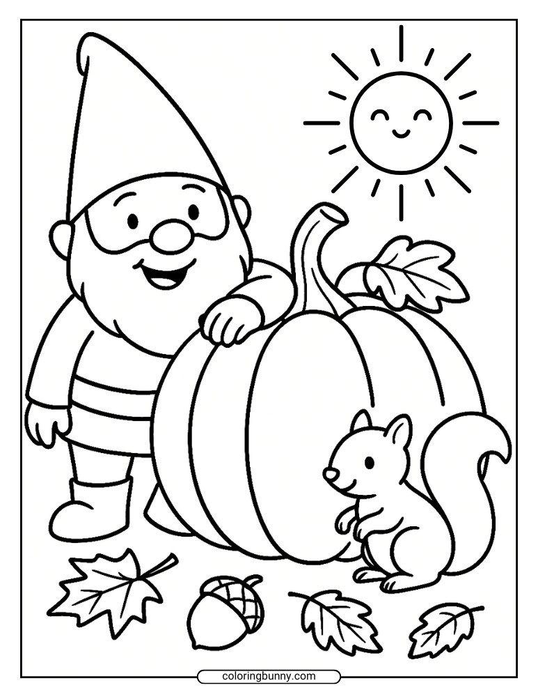 Gnome coloring page showing a cheerful gnome standing beside a large pumpkin with a squirrel, autumn leaves, and a smiling sun.