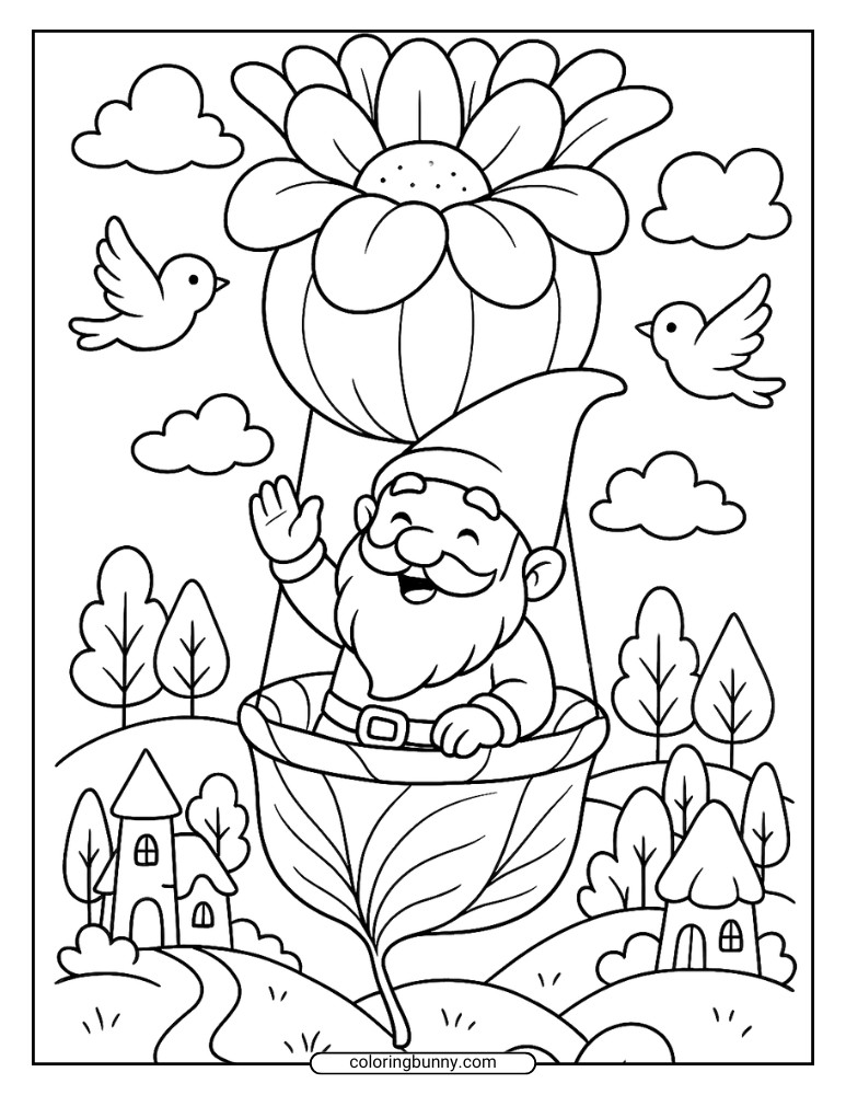 Gnome coloring page showing a bearded gnome with a striped hat holding a large mushroom in a grassy field with clouds above.