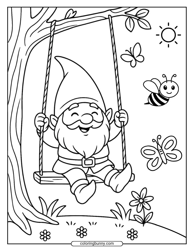 Line art of a cheerful gnome swinging from a tree branch, surrounded by butterflies, a bee, flowers, and a sunny sky.