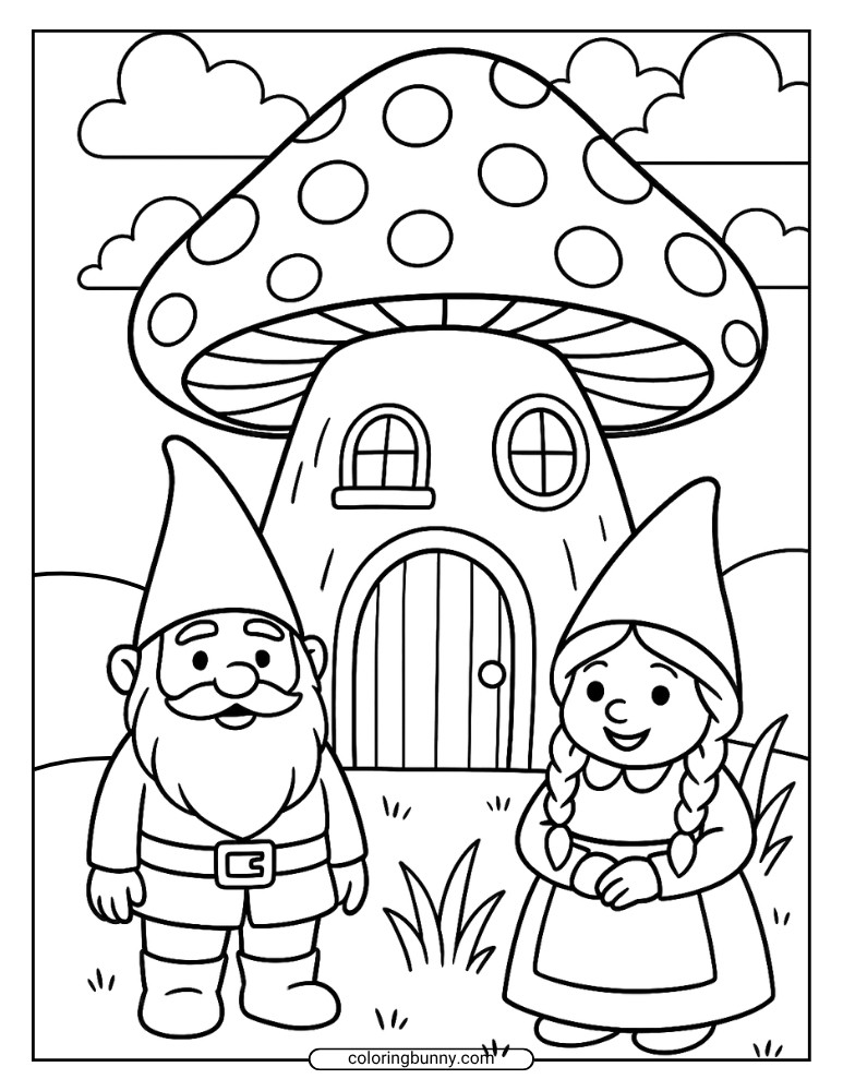 A Mushroom coloring page illustrating a giant spotted toadstool house with an arched door, standing behind a bearded boy gnome with a belt and a girl gnome with long braids and an apron.