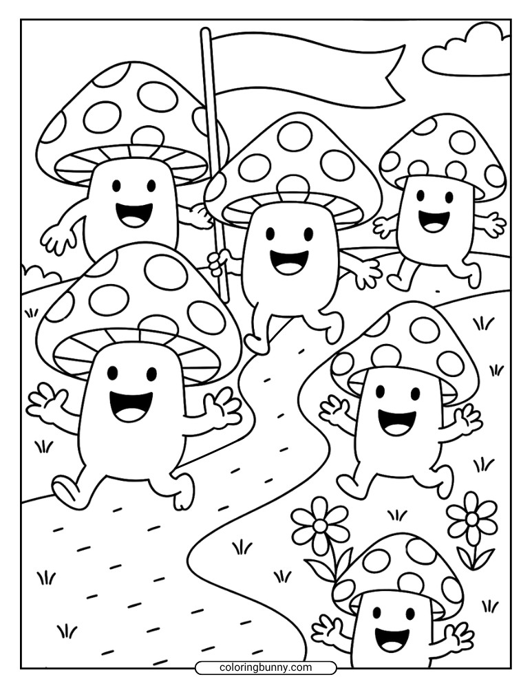 Mushroom coloring page of a group of smiling Kawaii musrroms running down a path with one of them holding a flag