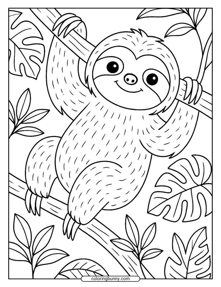 Sloth coloring page of a happy sloth hanging from a tree branch surrounded by jungle leaves.