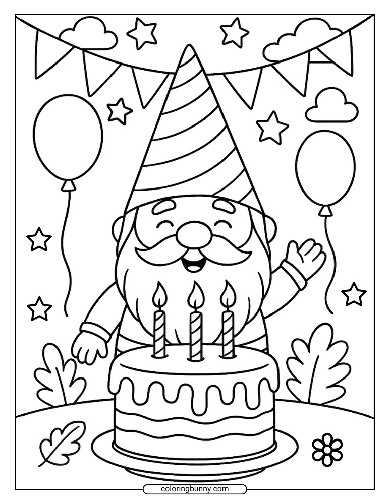 Whimsical gnome coloring sheet showing a gnome in a striped hat waving behind a birthday cake with three candles, surrounded by balloons, stars, and bunting.