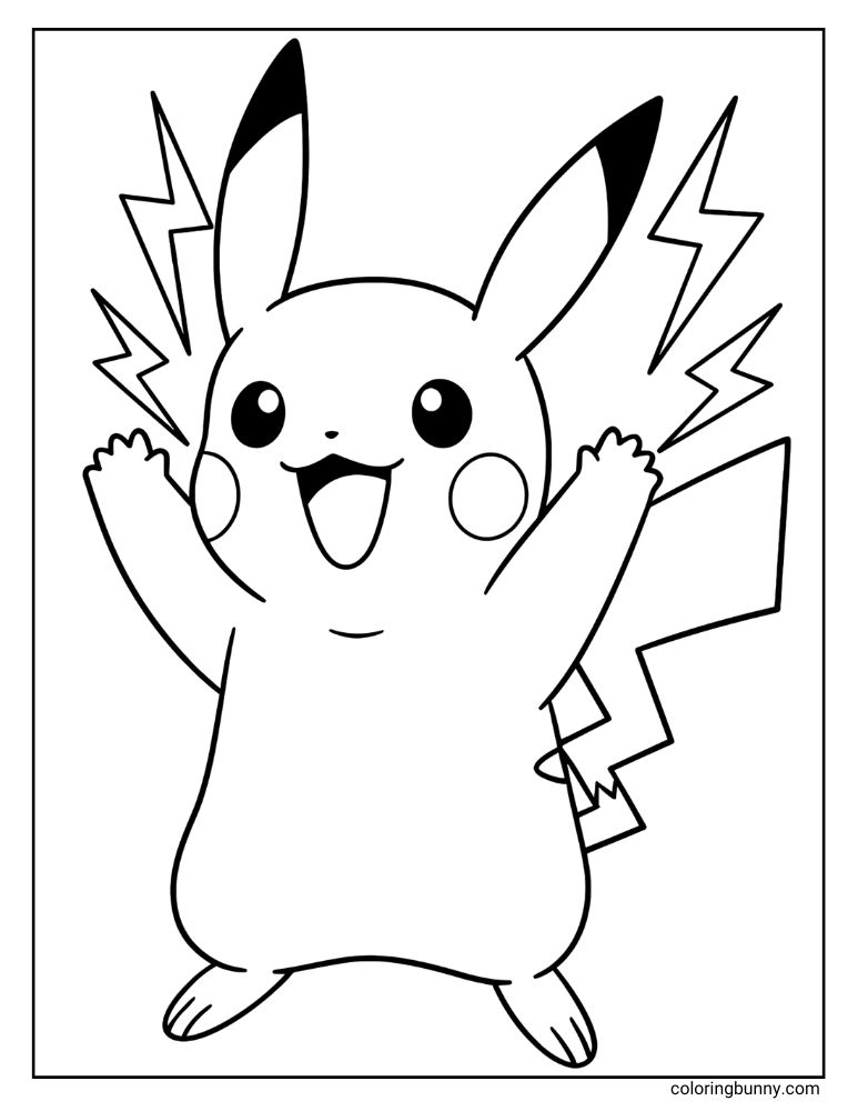 Happy Pikachu coloring page with sparks