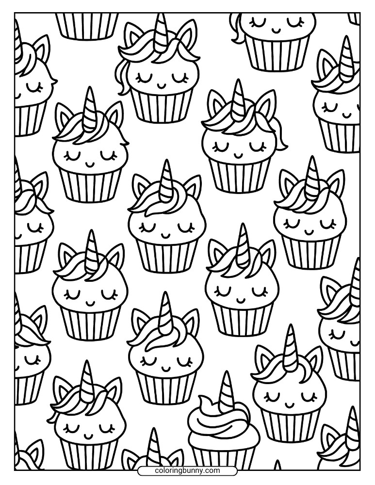 A coloring sheet of multiple unicorn cupcakes in a repeated pattern, each with unique horn designs and hair styles.