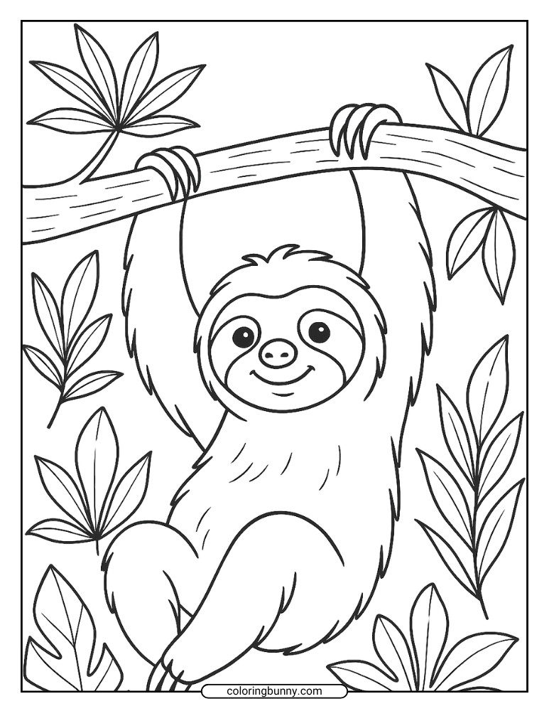 Black and white coloring page of a smiling sloth hanging from a tree branch with tropical leaves in the background.