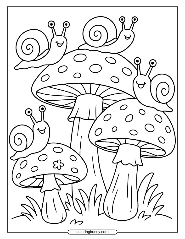 Mushroom coloring page of four smiling snails sitting on top of spotted mushrooms of different sizes, surrounded by grass.