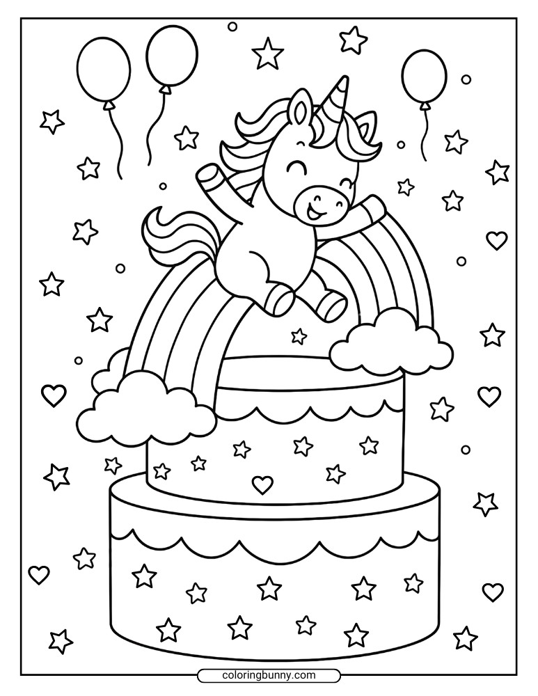 Fun unicorn cake page with a leaping unicorn over a rainbow-topped, star-covered cake, with floating balloons and hearts in the background.