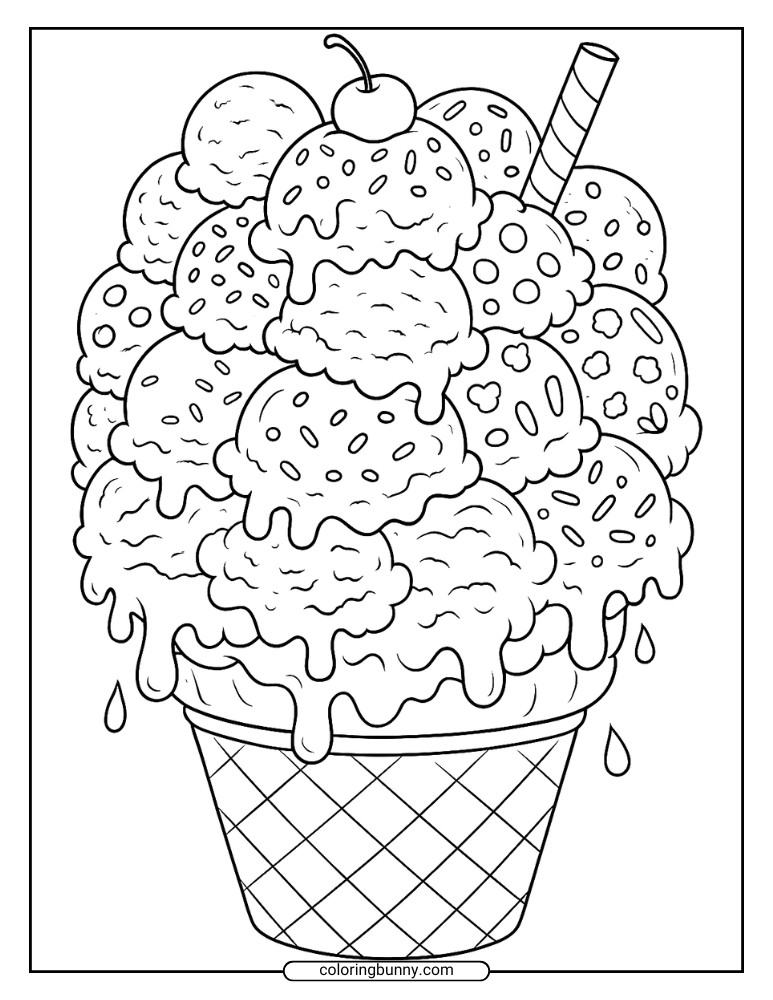Giant ice cream coloring page showing a tall cone overflowing with dozens of scoops, drips, and sprinkles.