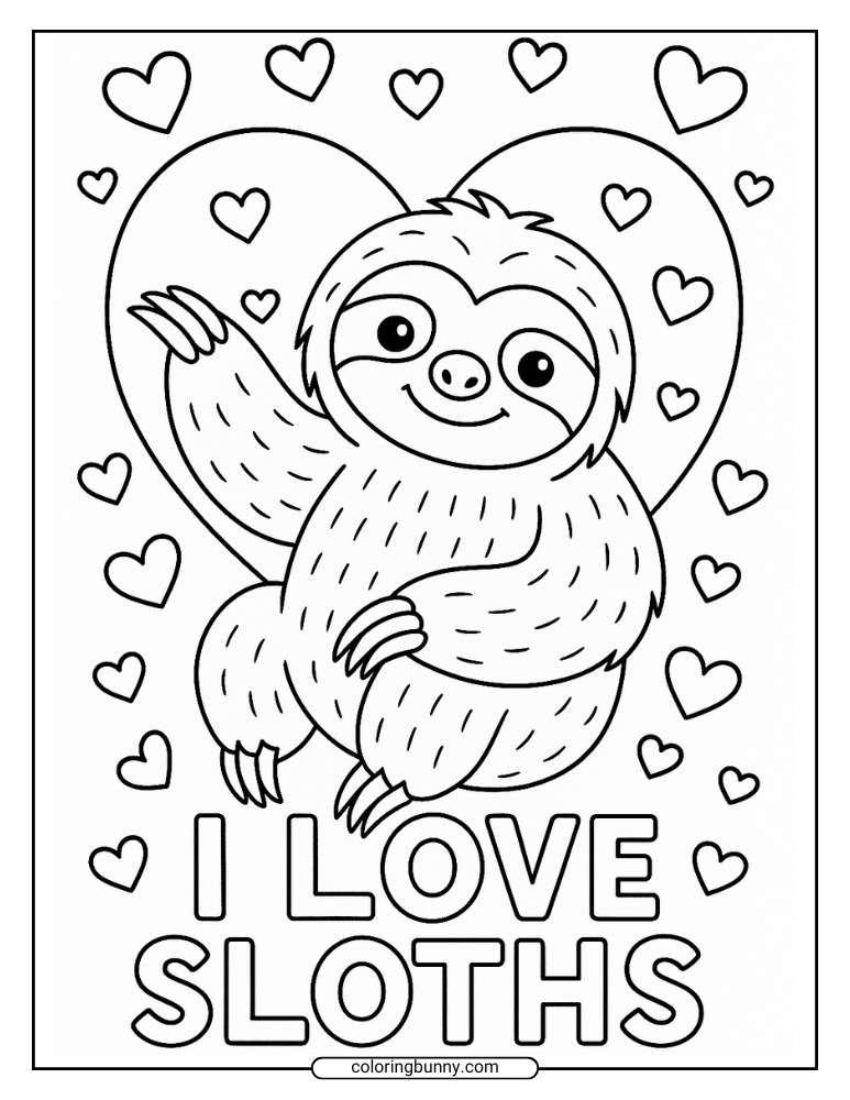 Sloth coloring page featuring a cute sloth with hearts and the words “I Love Sloths”.