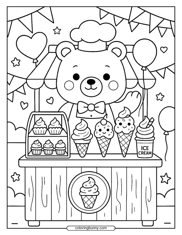 Cute ice cream stand coloring page with a bear wearing a chef hat, surrounded by balloons, cupcakes, and cones.