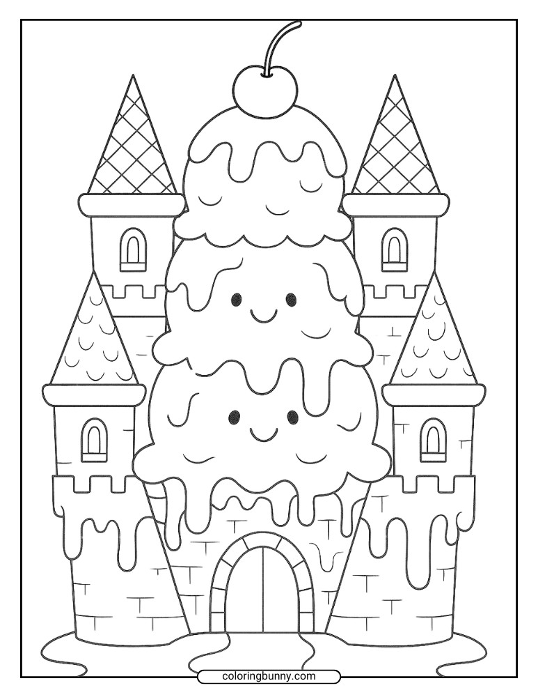 Whimsical coloring page of an ice cream-themed castle with smiling scoops and turrets.