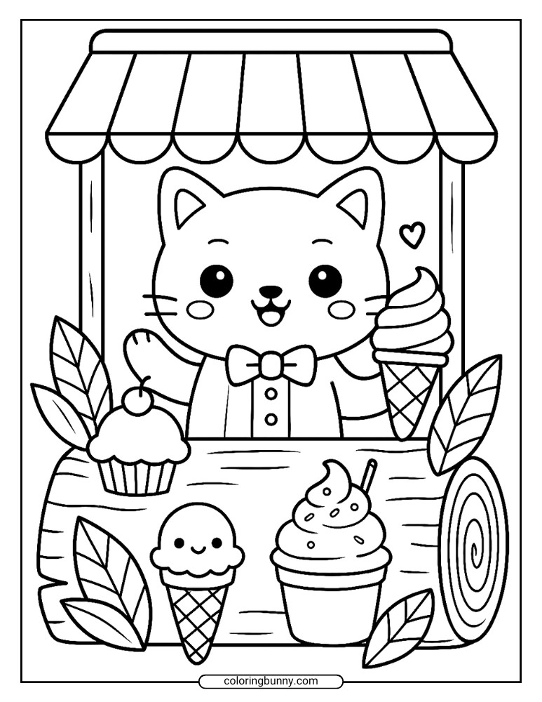 Kawaii ice cream coloring page with a smiling cat running a dessert stand surrounded by cones, cupcakes, and leaves.