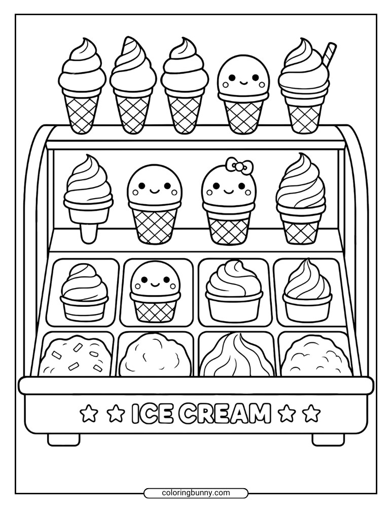 Ice cream coloring page featuring a variety of cones, popsicles, and sundaes arranged neatly on three shelves.