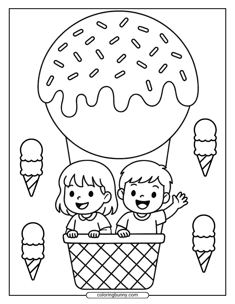 Fun coloring page of children riding in a hot air balloon shaped like a giant ice cream scoop.