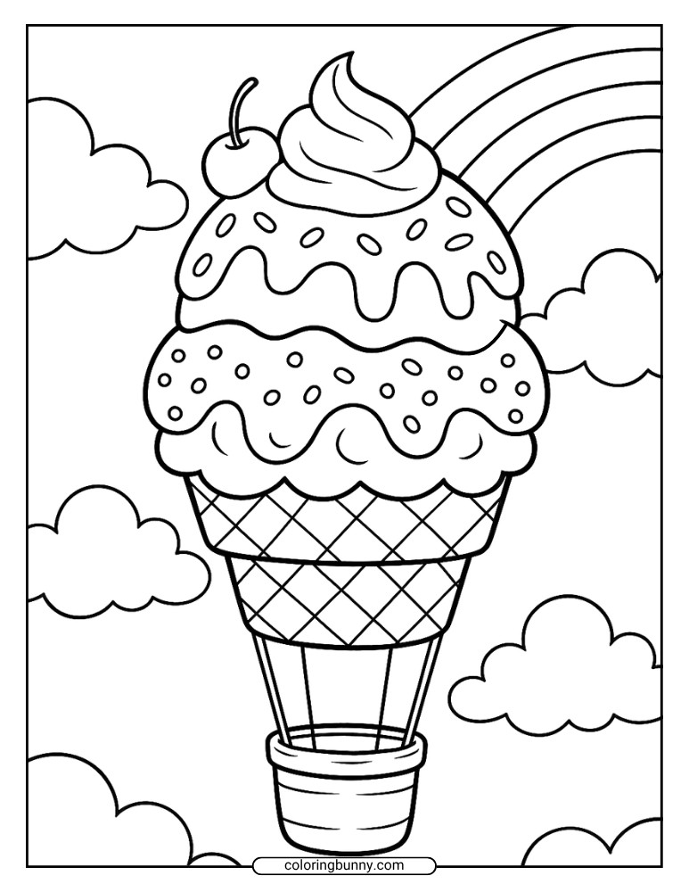 Ice cream coloring page of a whimsical hot air balloon shaped like a cone with scoops, whipped cream, and a cherry.