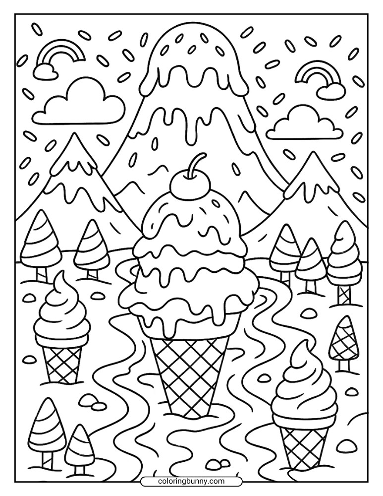 Whimsical coloring page of a landscape where giant ice cream cones form the scenery, a sundae-like mountain sits in the center, and the sky is dotted with sprinkles, clouds, and rainbows.