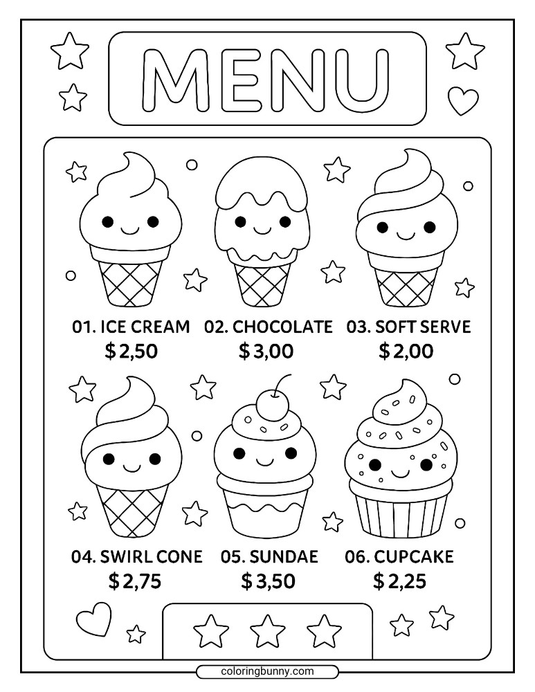 Ice cream shop menu coloring page with kawaii style cones, cupcakes, and sundaes.