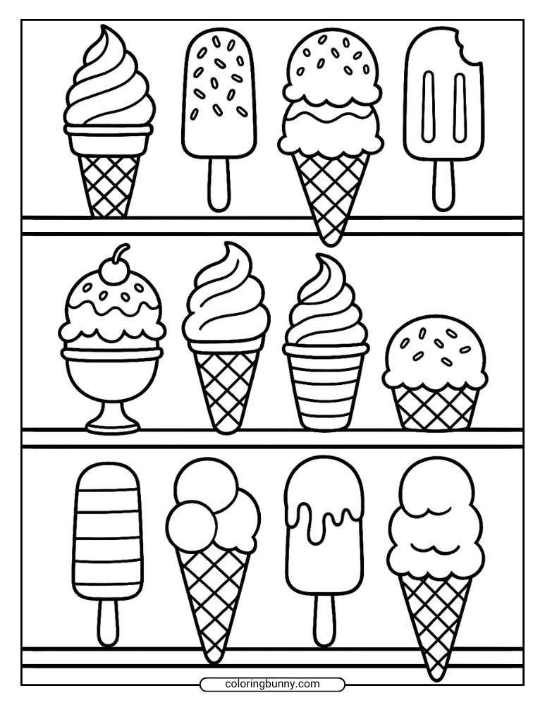 Cute ice cream coloring page showing an ice cream shop display filled with soft serve, cones, and tubs of different flavors.