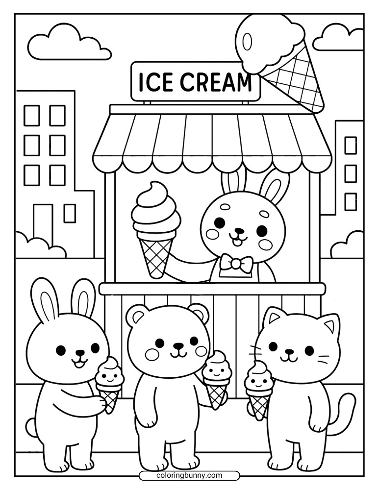 Animal friends at ice cream stand coloring page, bunny server handing out cones.