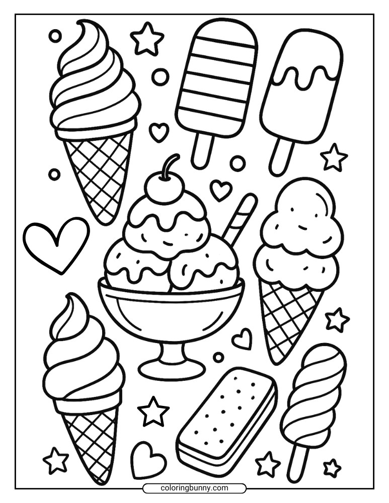 Coloring page featuring a large sundae in a dish with a cherry on top, surrounded by assorted ice cream cones, popsicles, an ice cream sandwich, and a candy-striped ice cream bar, with hearts, stars, and dots in the background.