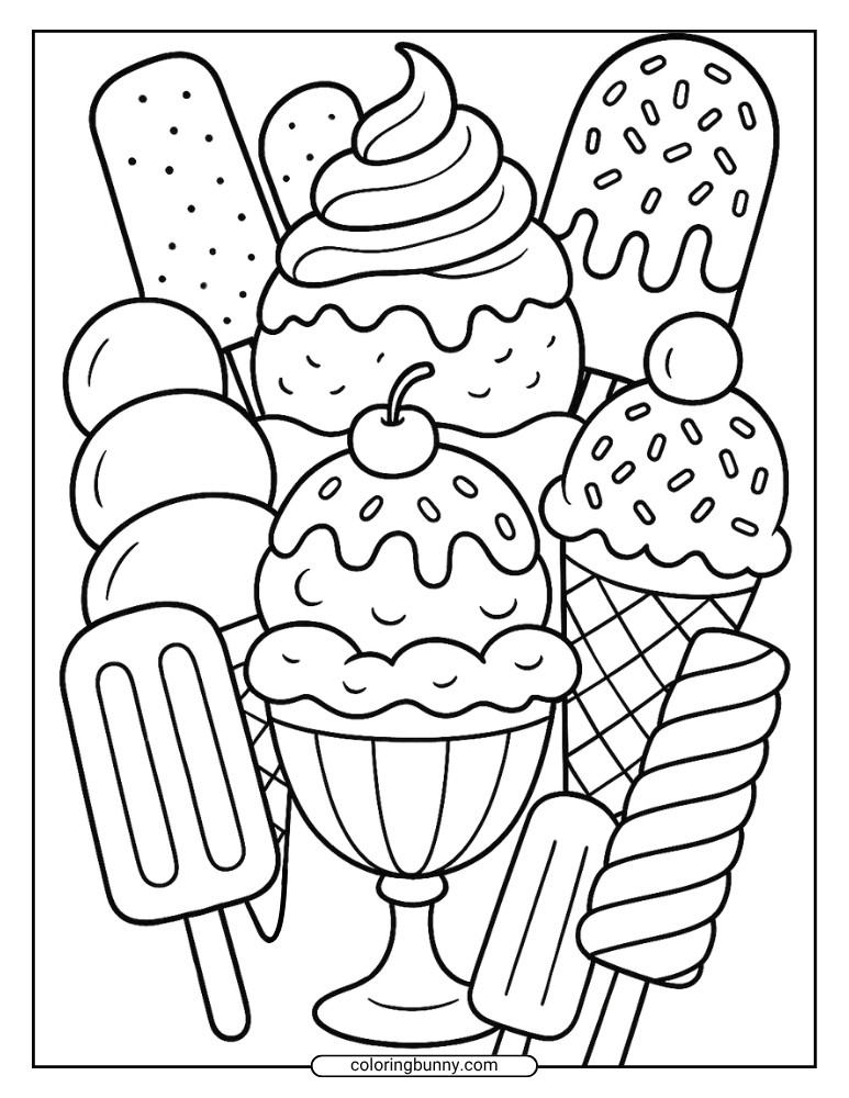 Coloring sheet showing a central ice cream sundae in a tall glass with whipped topping and cherry, surrounded closely by assorted cones and popsicles.