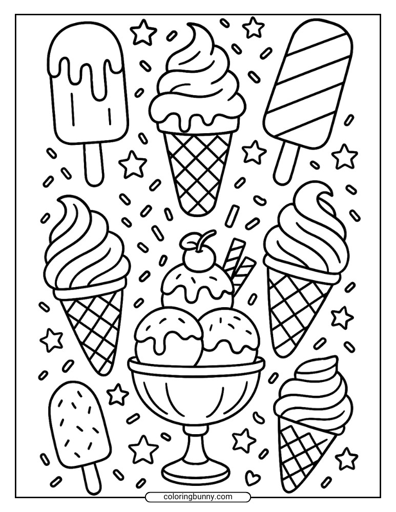 Ice cream coloring page displaying several soft-serve cones, popsicles, and a three-scoop sundae at center, all scattered with confetti-like sprinkles and stars.