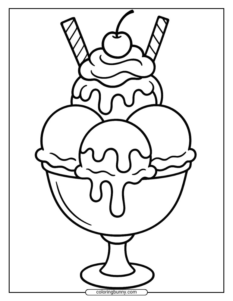 Ice cream sundae coloring page with scoops and cherry.