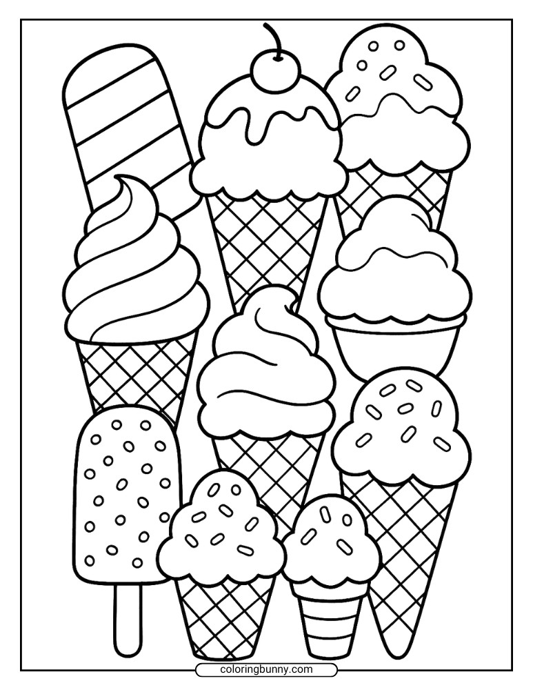 Printable coloring page with a variety of ice cream cones and popsicles arranged closely together, including soft-serve, plain scoops, sprinkle-topped scoops, and striped popsicles.