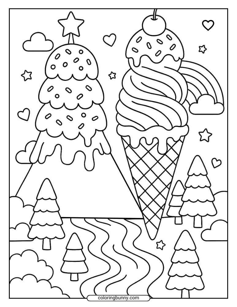 Fantasy ice cream coloring page featuring a whimsical world with ice cream mountains, swirls of soft serve, rainbows, and candy stars.