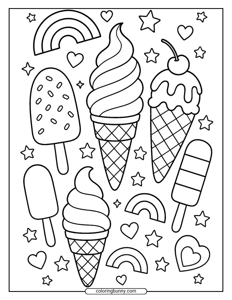 Ice cream coloring page with popsicles, cones, and rainbow decorations