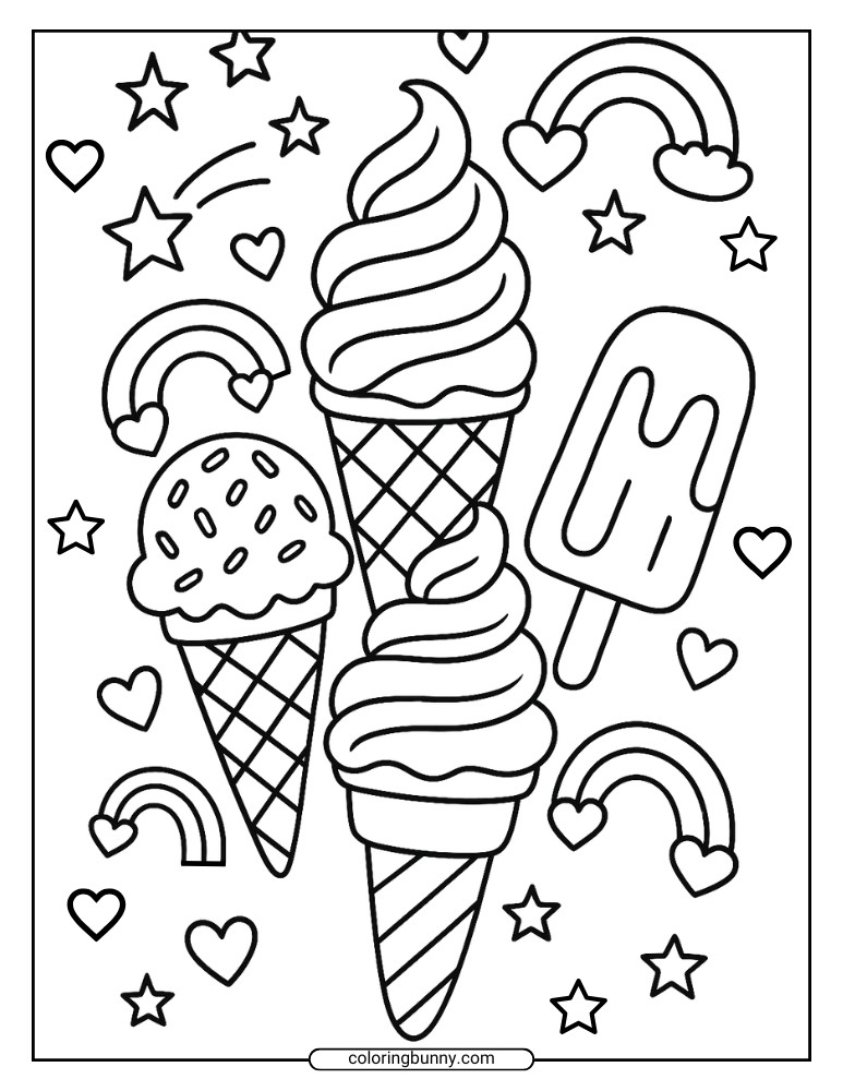 Cute ice cream cones coloring sheet with rainbows and popsicles.