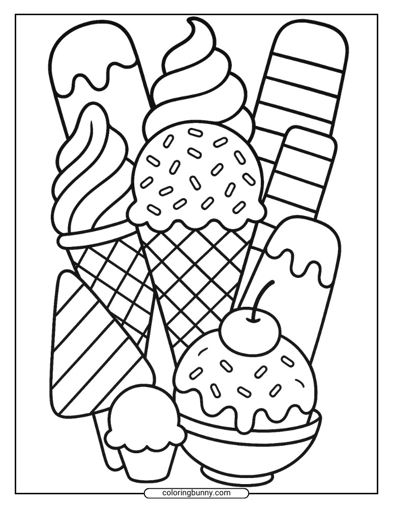 Ice cream coloring page with a mix of cones, sundaes, and popsicles arranged together.
