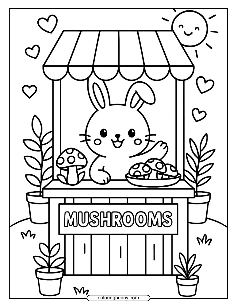 Mushroom coloring page of a kawaii bunny waving behind a mushroom stall, with happy mushrooms, hearts, and a smiling sun.