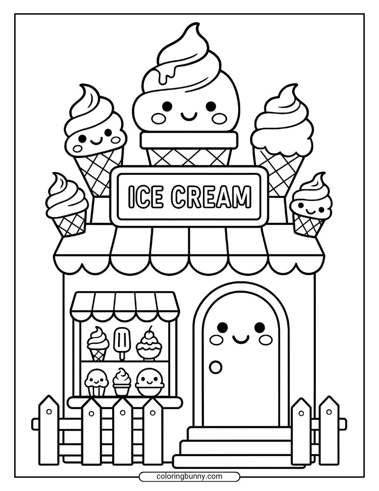 Kawaii style ice cream shop with smiling cones and cute faces in a fun ice cream coloring page for kids.