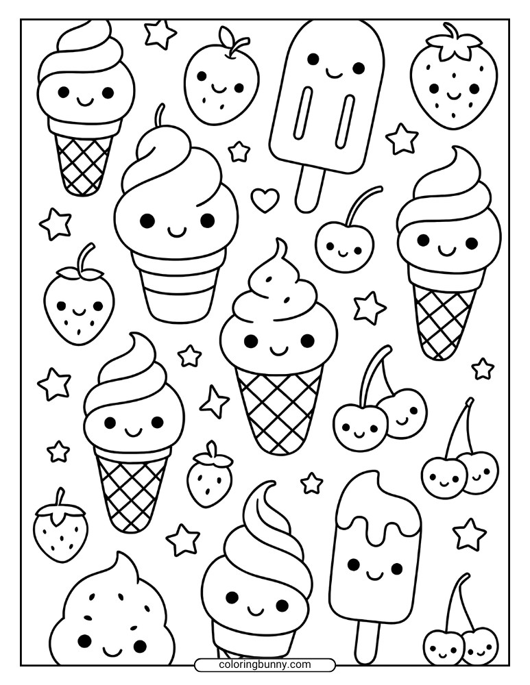 Ice cream coloring page with kawaii-style ice cream cones, popsicles, strawberries, cherries, and stars.