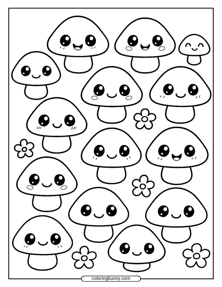 Kawaii mushroom coloring page of kawaii-style mushrooms with big round eyes, happy expressions, and rosy cheeks scattered among small flowers.