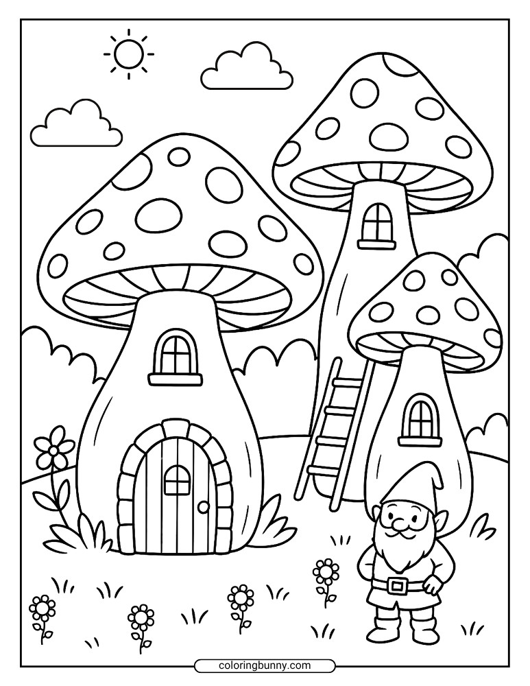 Mushroom coloring page of a smiling gnome beside three tall mushroom houses, with flowers, clouds, and a bright sun above.