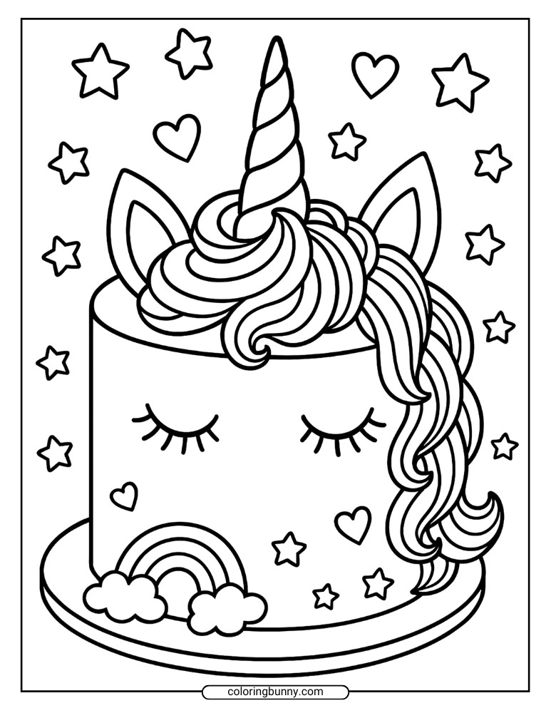 An easy coloring page of a unicorn cake with a long curly mane, closed eyes, stars, hearts, and a rainbow base.