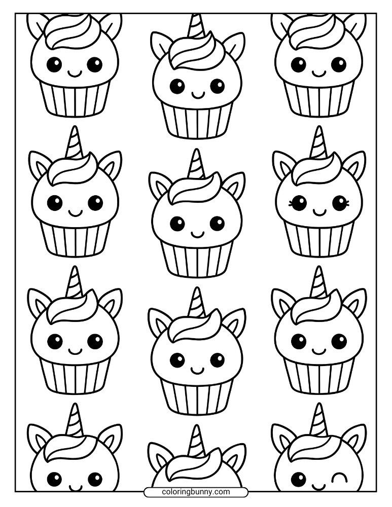 Unicorn cupcake coloring page with a repeating pattern of kawaii-style cupcakes decorated with horns, ears, and happy faces.