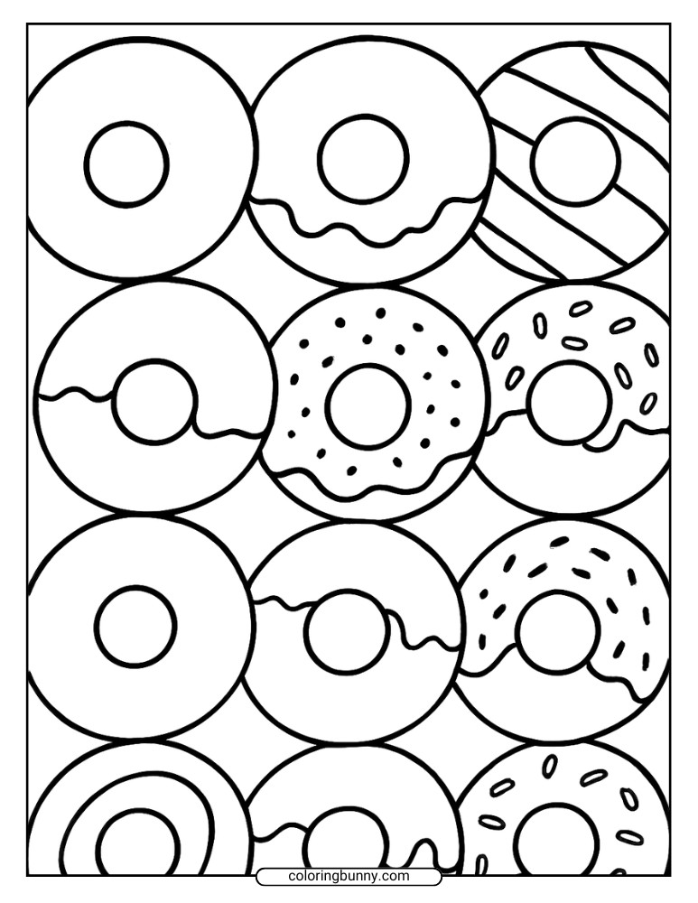 Donut coloring sheet featuring neatly arranged rows of donuts with frosting, sprinkles, stripes, and plain glaze designs