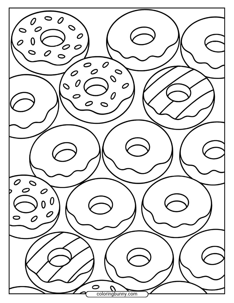 Donut coloring sheet showing multiple rows of donuts with frosting, sprinkles, and striped designs arranged in a tidy repeating pattern