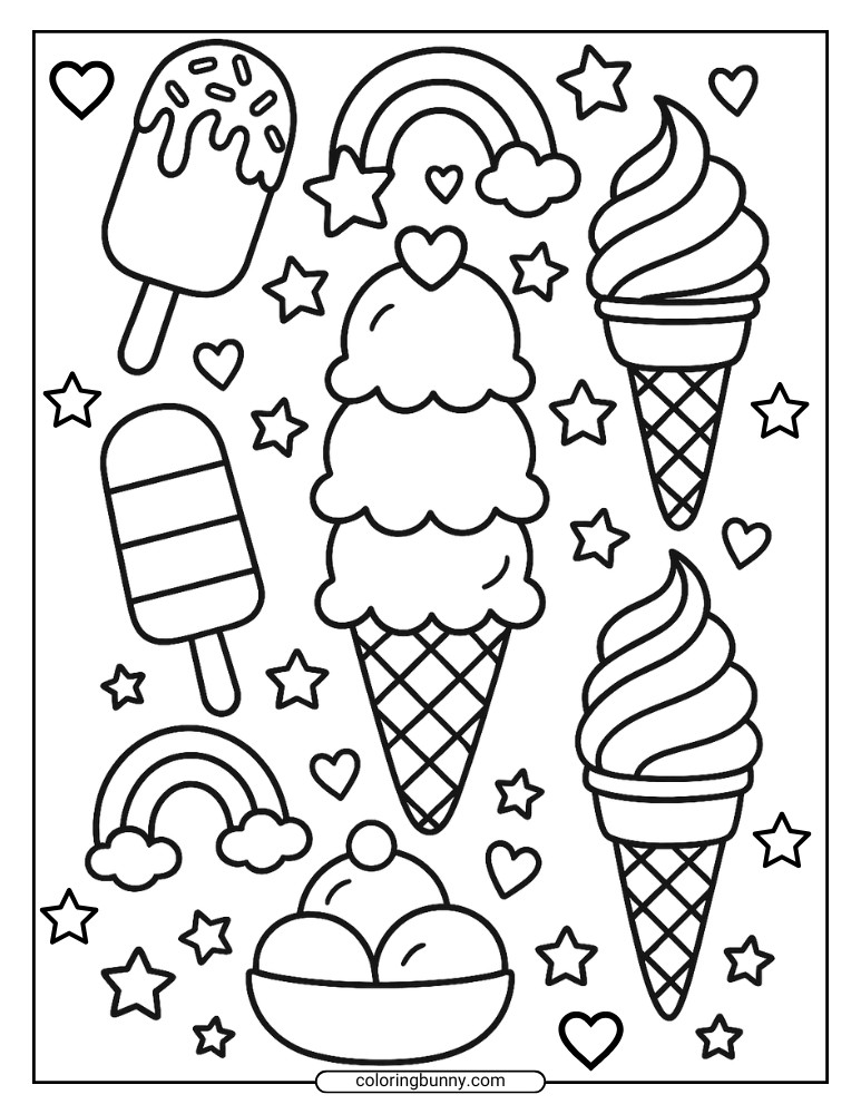 Ice cream cone coloring sheet with stars, hearts, and rainbow.