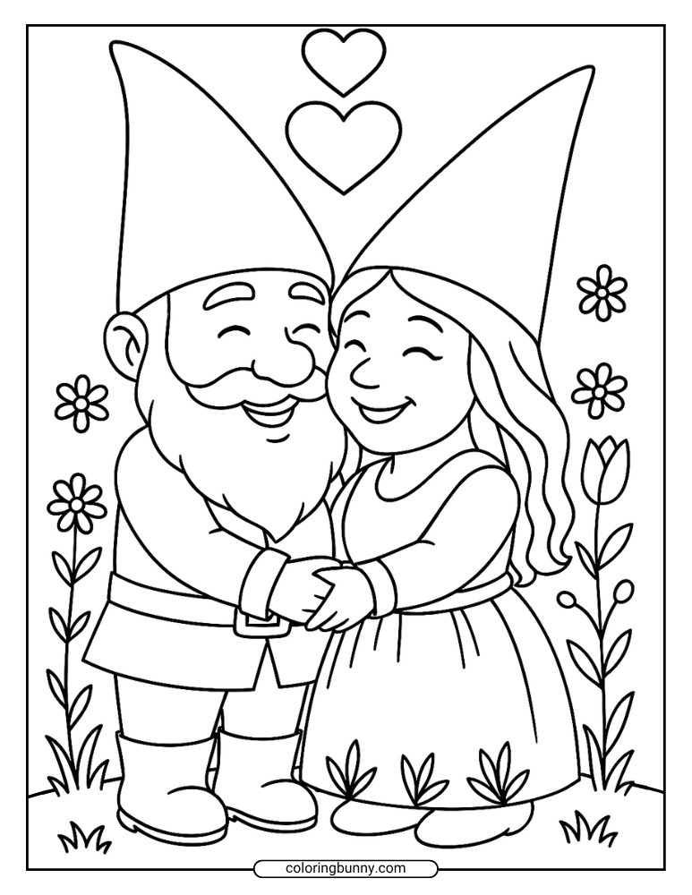 Coloring Page of a male and female gnome smiling and holding hands, surrounded by flowers with two hearts above their heads.