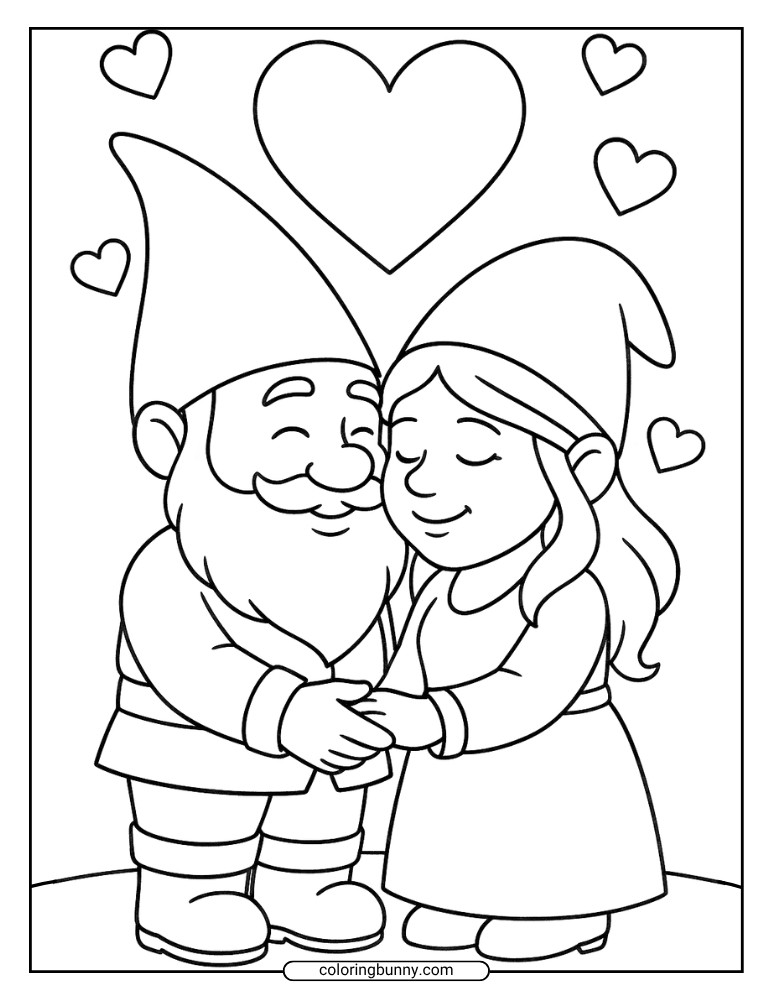 Coloring page of a male and female gnome standing close together, holding hands, with hearts floating above them.