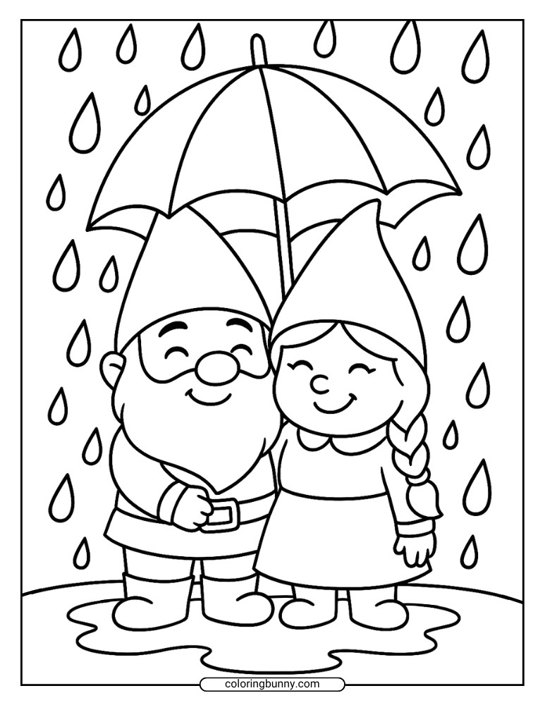 Black-and-white drawing of a male and female gnome standing together under one umbrella in the rain, smiling warmly.