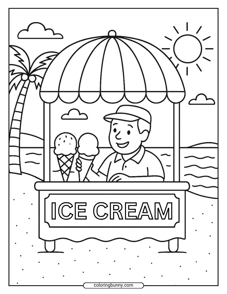 Ice cream coloring page of a man serving two scoops at a beachside ice cream stand under a big umbrella.