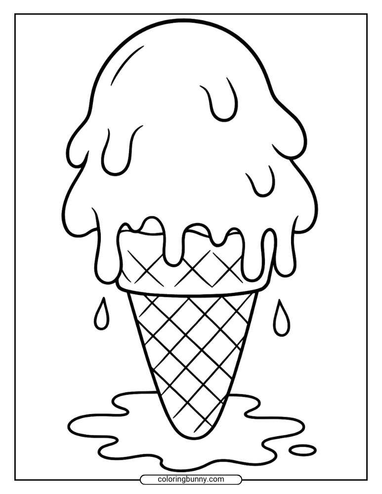 Melting ice cream cone coloring page with a large single scoop dripping down over a waffle cone onto a small puddle below.