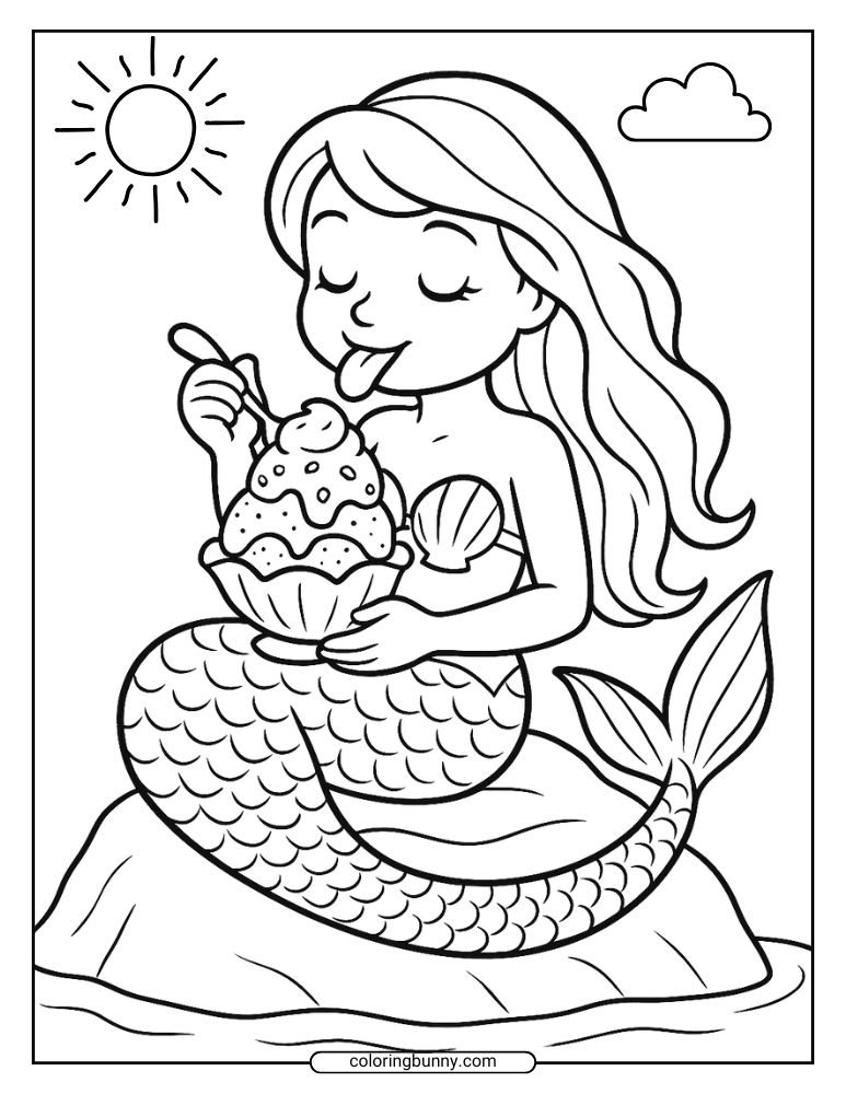 Coloring page of a mermaid eating ice cream and sitting on a rock in the ocean with sunny sky.