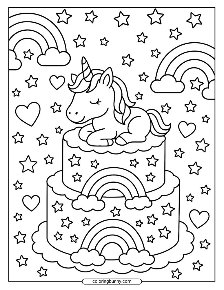 Unicorn cake coloring page with a sleeping unicorn on a layered cake, decorated with rainbows, clouds, hearts, and scattered stars.